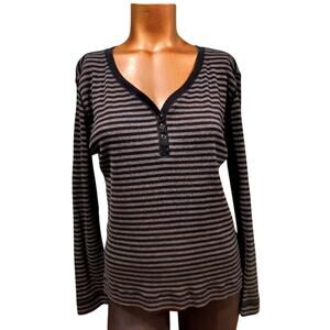 Lauren Jeans Co Heavy Knit Striped V-Neck Long Sleeve Shirt, Blk/Gray, Sz M